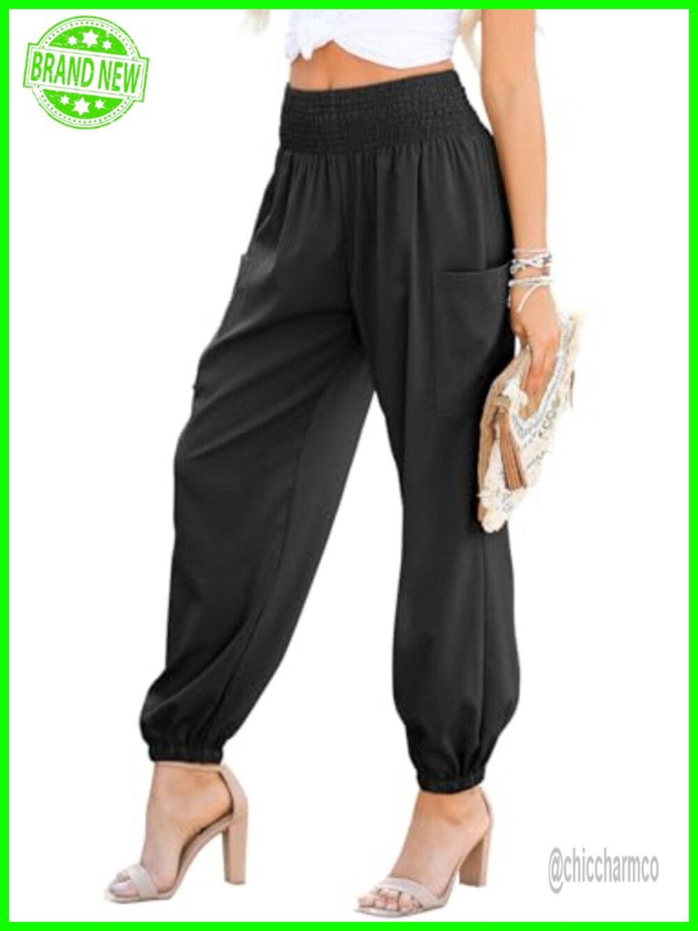 Womens Boho Smocked High Waisted Palazzo Harem Pants Tapered Cargo Pockets